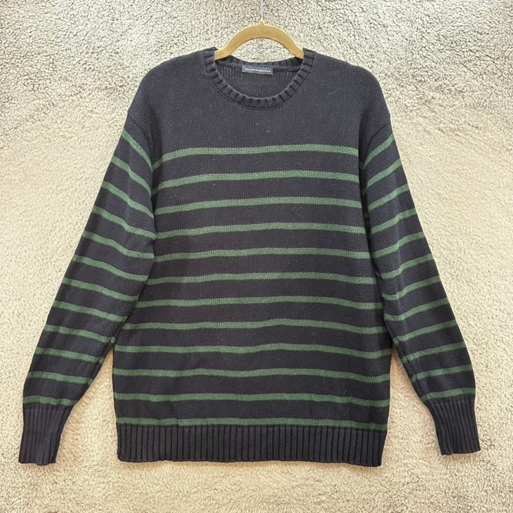 Brandy Melville OS Navy Green Striped Cotton Knit Crewneck Sweater